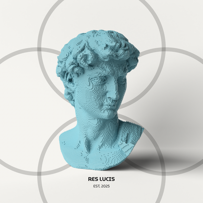 David Voxel Azzurro, una statua di design POP in stile a cubetti detti voxel (Pixel 3D) 